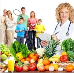 doctor with fruits in front of her with a family in the background