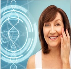 woman touching her face with a DNA 3D model next to her