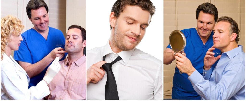 3 photos, 2 of which showing doctors consulting with man over appearance, and another with man looking confident loosening tie