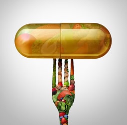 picture of art with a fruit themed fork and supplement pill